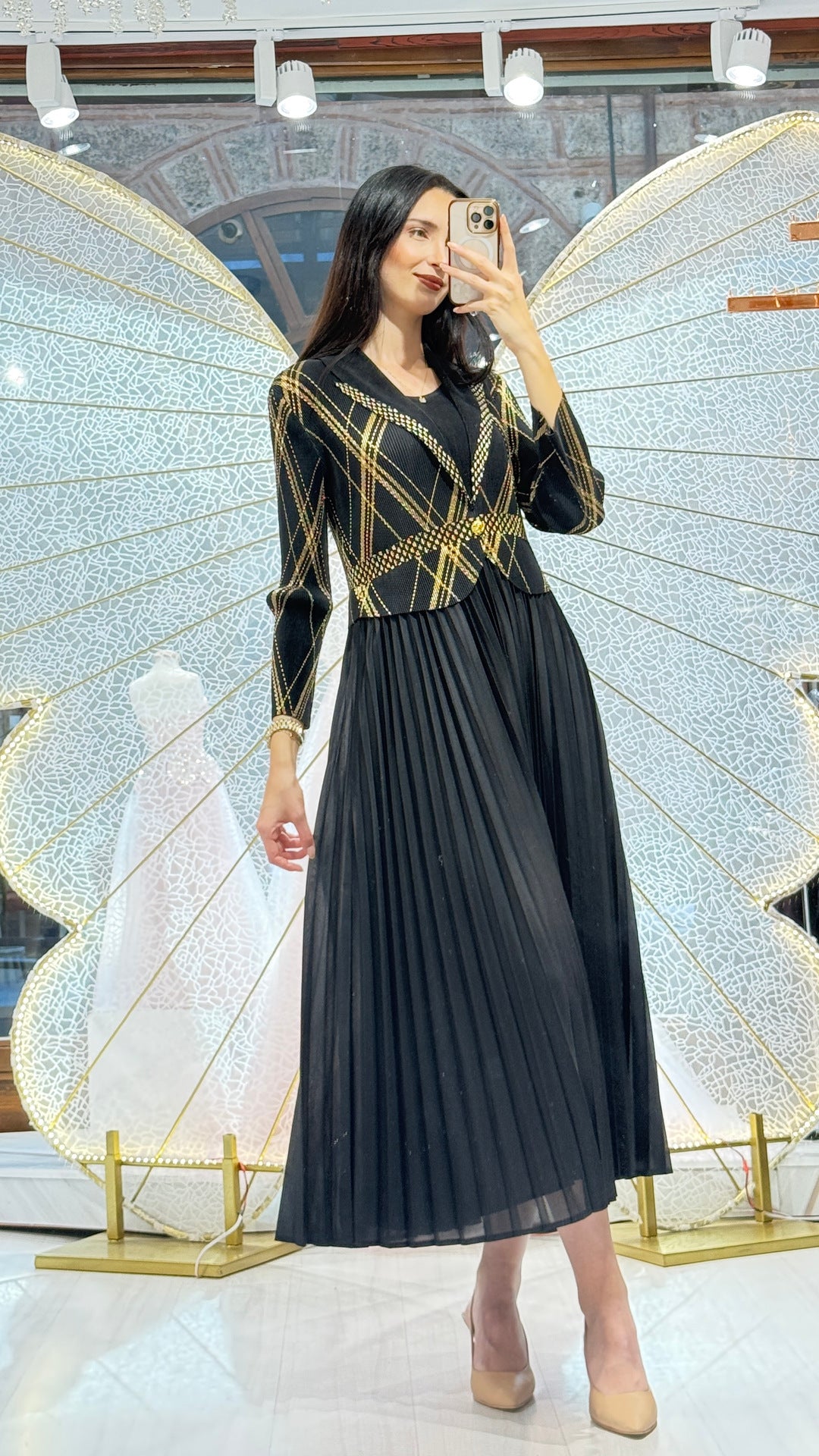 LAMELİ AKORDİYON ELBİSE SİYAH