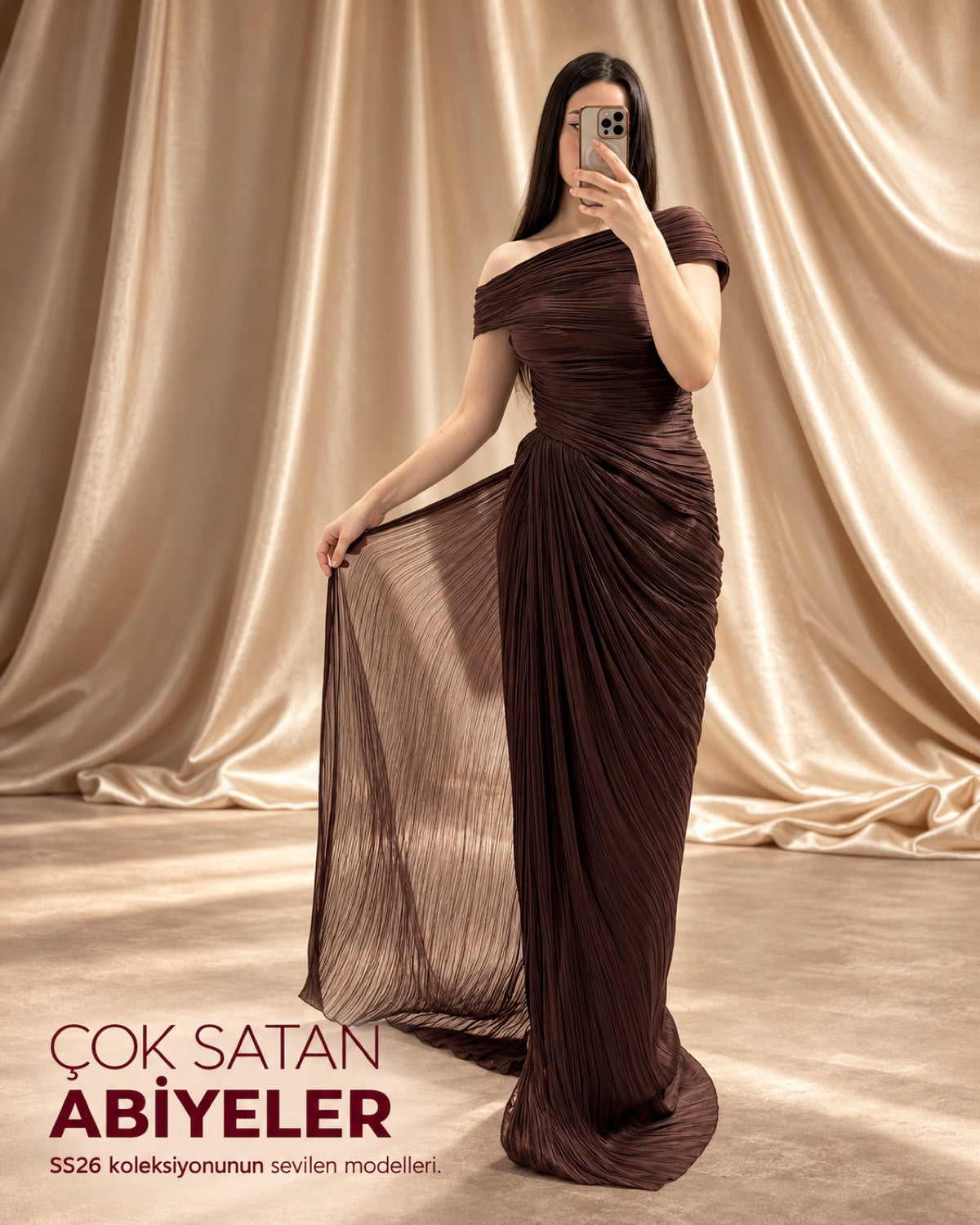 Çok satan abiyeler — Lily Abiye Kestane. SS26 koleksiyonunun sevilen modelleri.